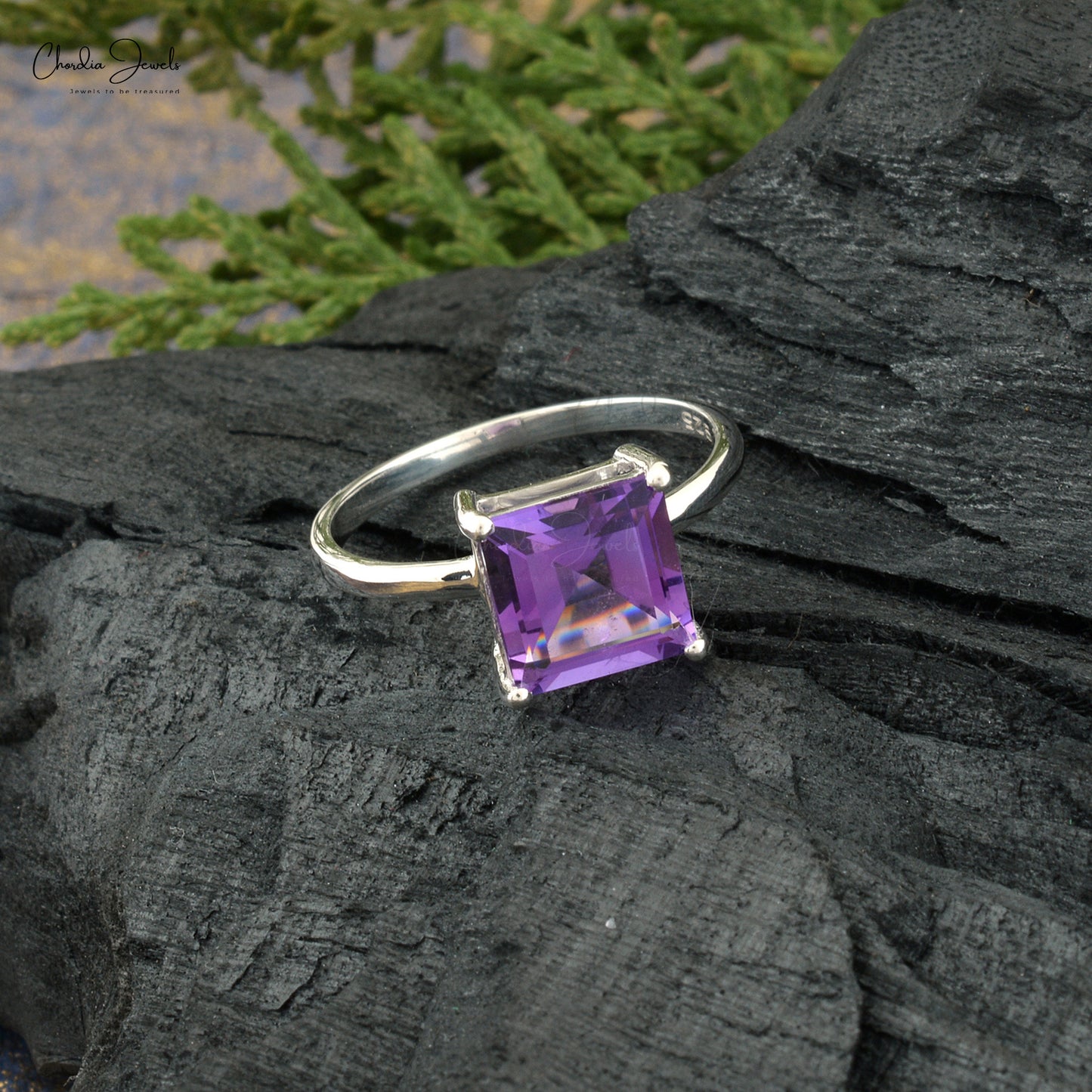 Genuine Amethyst Solitaire Ring With 3.3 Ct Gemstone 925 Sterling Silver Rings