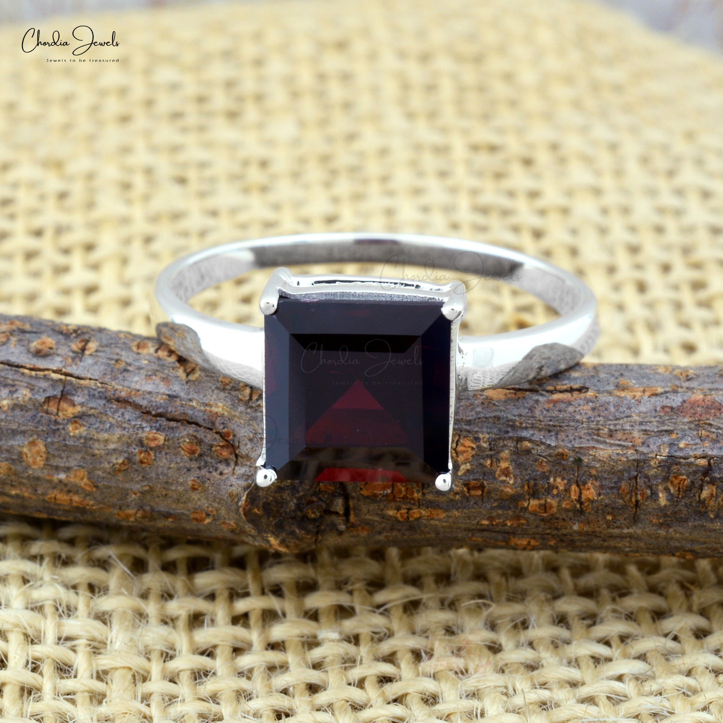 Square Single Stone Ring In 925 Sterling Silver Garnet 8mm Solitaire Rings For Her