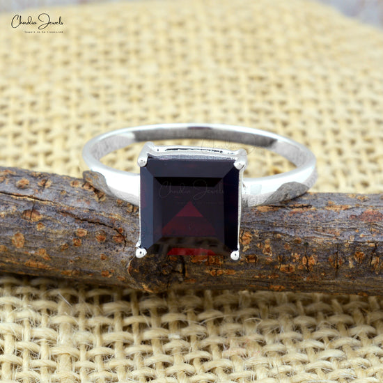 Square Single Stone Ring In 925 Sterling Silver Garnet 8mm Solitaire Rings For Her