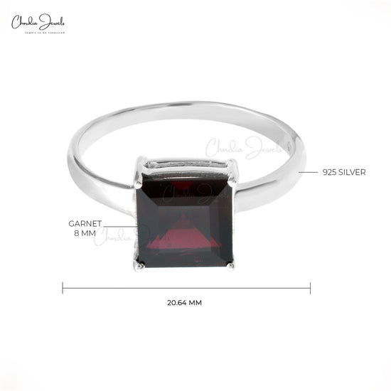 Square Single Stone Ring In 925 Sterling Silver Garnet 8mm Solitaire Rings For Her