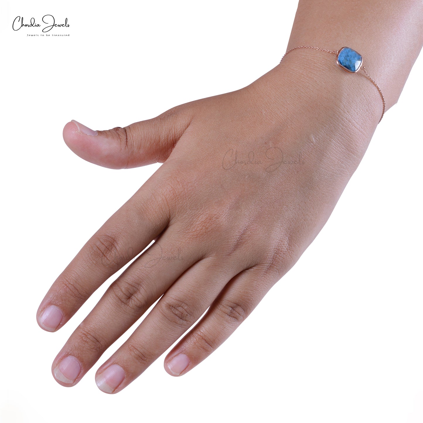 Cushion Cut Solitaire Bracelet In 14k Rose Gold Swiss Blue Topaz Minimalist Bracelet