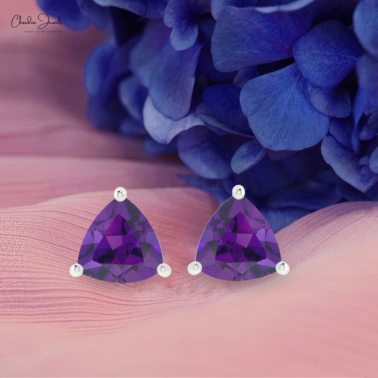 Real 14k Gold Single Stone Studs In Trillion Cut Amethyst Gemstone Earrings For Her