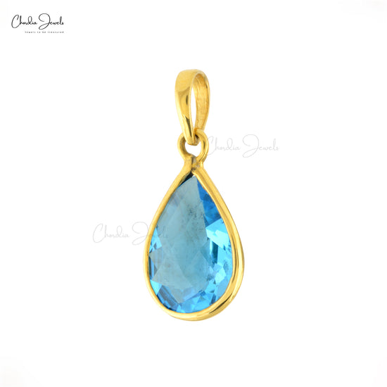 Dangle Pear 9x6mm Swiss Blue Topaz With Real 14k Yellow Gold Solitaire Pendant For Wife