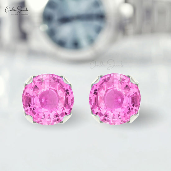 Round Cut Solitaire Stud in 14k Solid Gold Pink Sapphire 4mm Gemstone Earrings