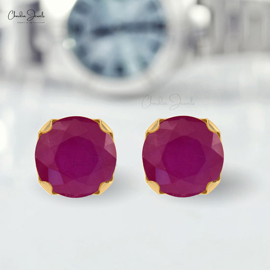 Dainty Solitaire 4mm Burma Ruby Gemstone Studs in 14k Solid Gold