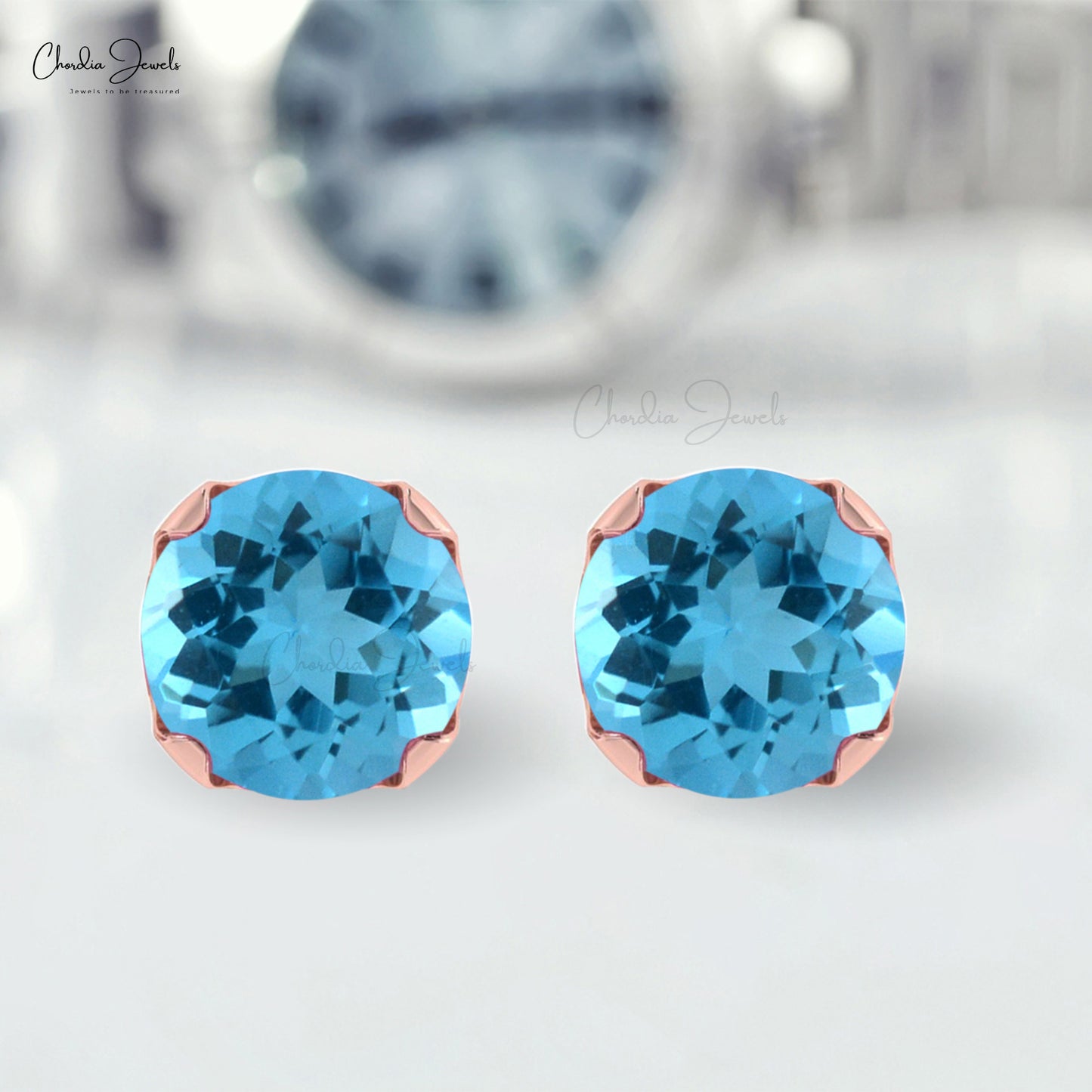 Natural 4mm Swiss Blue Topaz 14k Solid Gold Solitaire Studs Earrings For Birthday