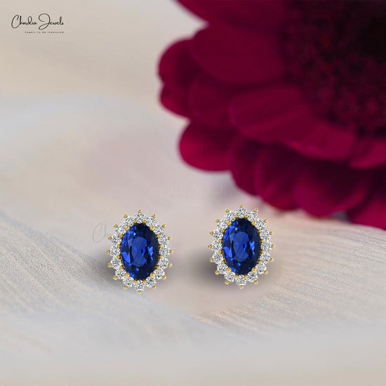 Solid 14k Gold Halo Earrings With 6x4mm Blue Sapphire And Diamond Studs For Her