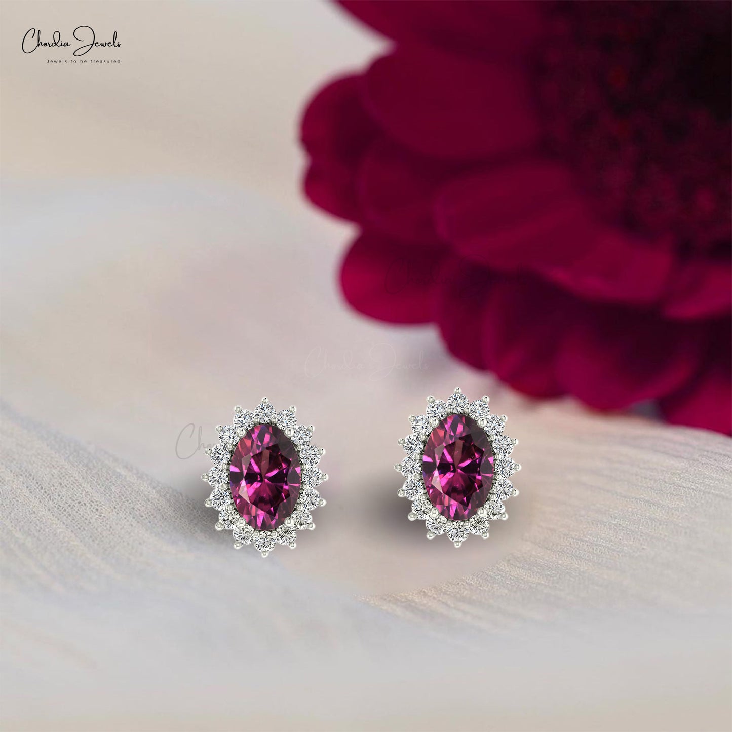 Gemstone Halo Studs in 6x4mm Rhodolite Garnet Diamond 14k Real Gold Minimal Earrings