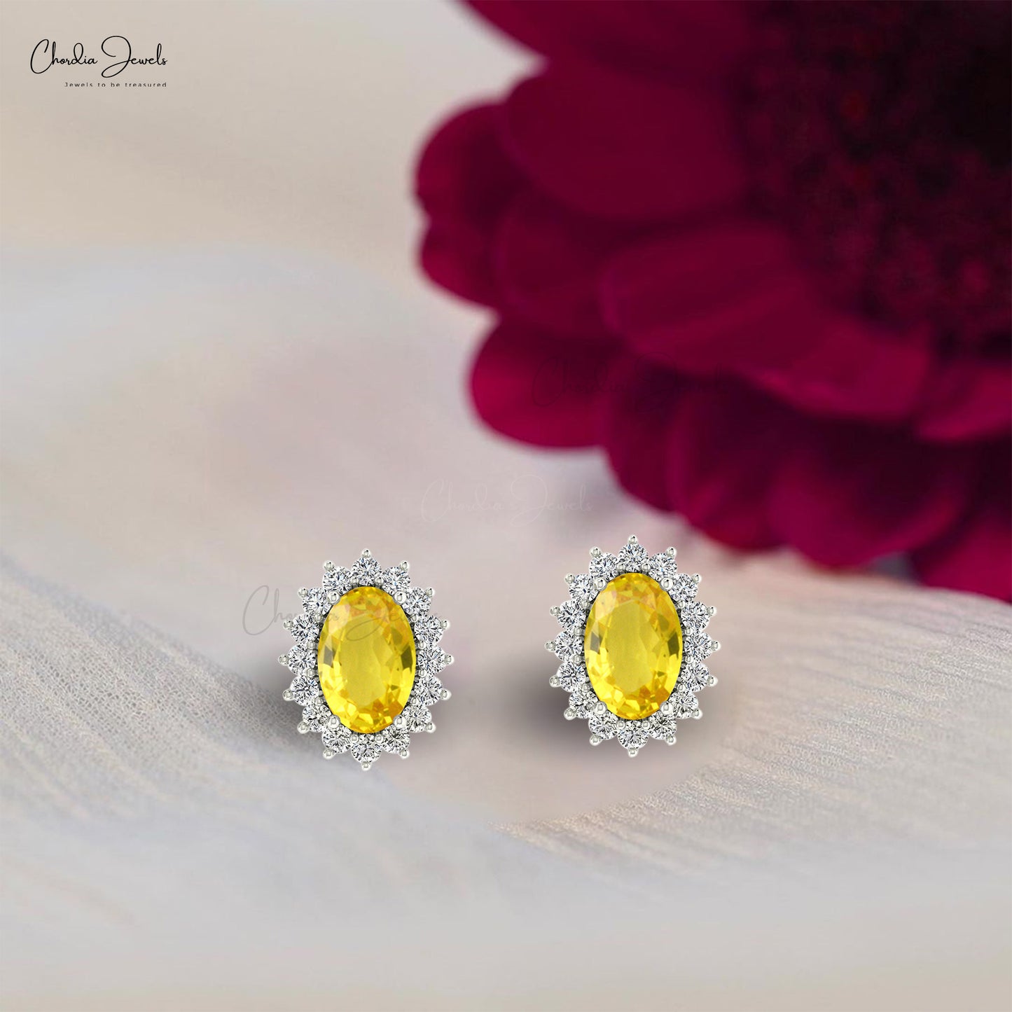 Halo Diamond Earrings With 14k Solid Gold Yellow Sapphire 1.16 Ct Gemstone Studs