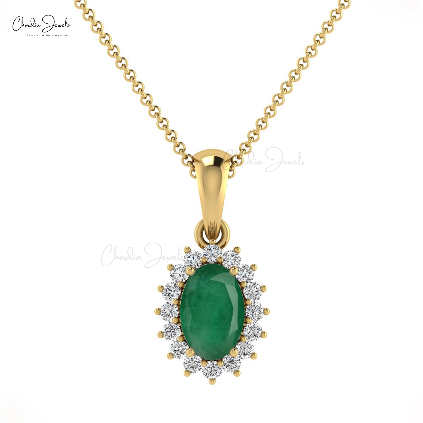 Natural Emerald Diamond Halo Pendant 14k Solid Gold Minimalist Pendant For Birthday Gift