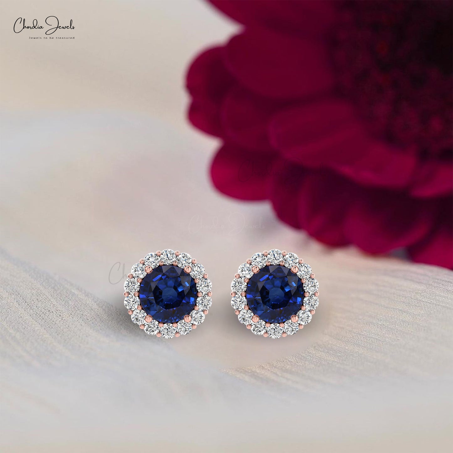 Halo Diamond Studs With 4mm Blue Sapphire Push Back Women Earrings In 14k Real Gold