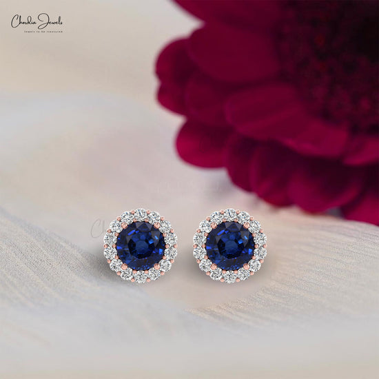 Halo Diamond Studs With 4mm Blue Sapphire Push Back Women Earrings In 14k Real Gold