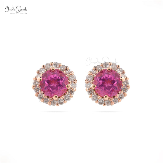 Genuine Pink Tourmaline 4mm Round Cut Gemstone Stud Earrings 14k Solid Rose Gold White Diamond Earrings For Women's