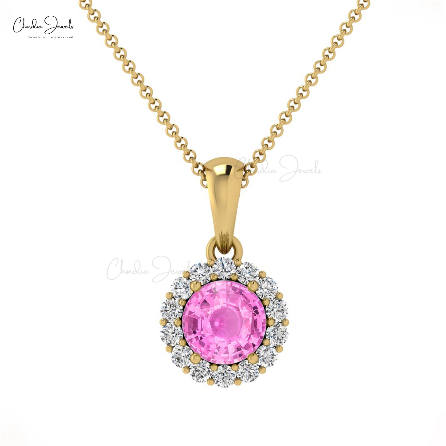 14K Yellow Gold Oval Pink Sapphire Halo Pendant Necklace