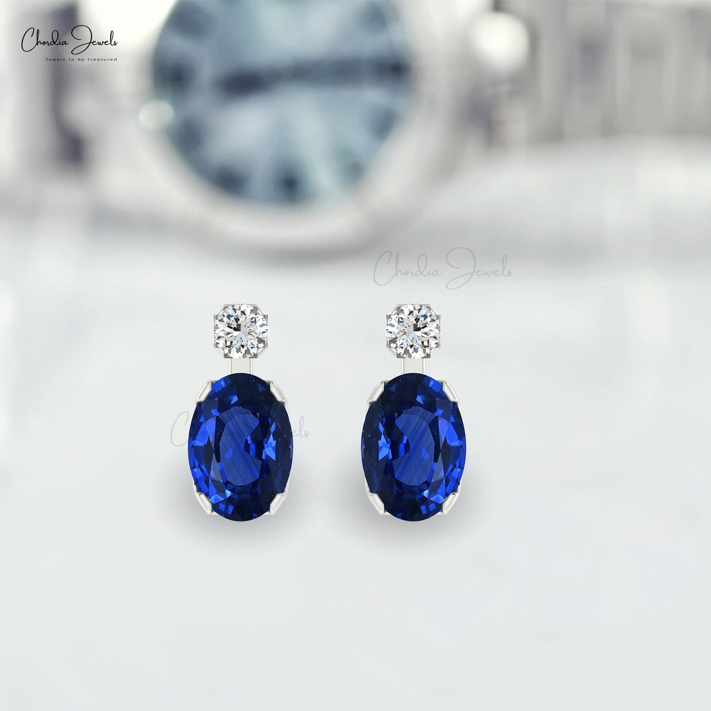 Real 14k Gold 2 Stone Studs with 7x5mm Blue Sapphire And Diamond Fine Earrings