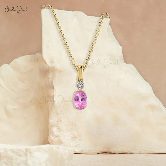 Dual Stone Dangle Pendant With 7x5mm Pink Sapphire 14k Solid Gold Pendant For Her