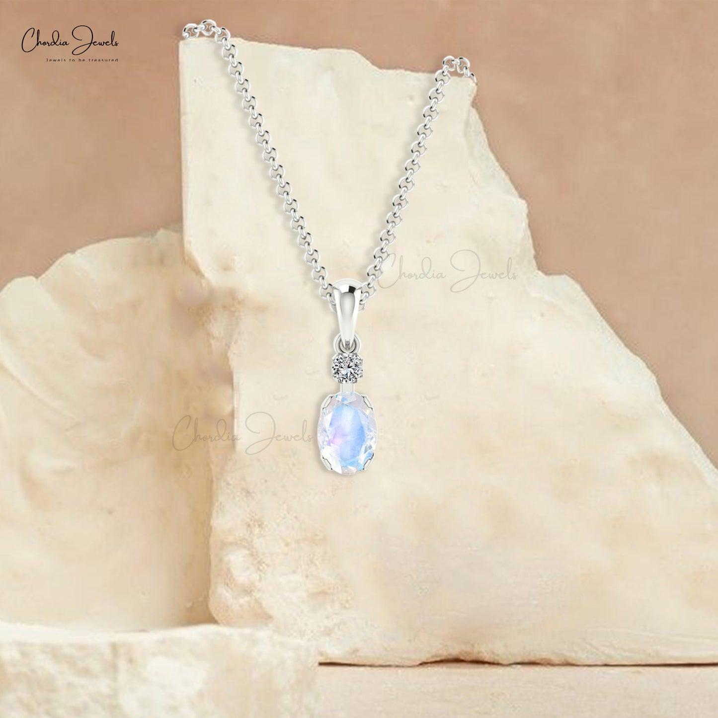 Solid 14k Gold 2 Stone Pendant in 0.47 Ct Rainbow Moonstone And Diamond Necklace