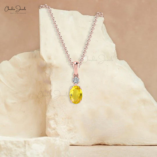 Real 14k Gold Dangle Pendant In 7x5mm Yellow Sapphire And Diamond Minimal Necklace