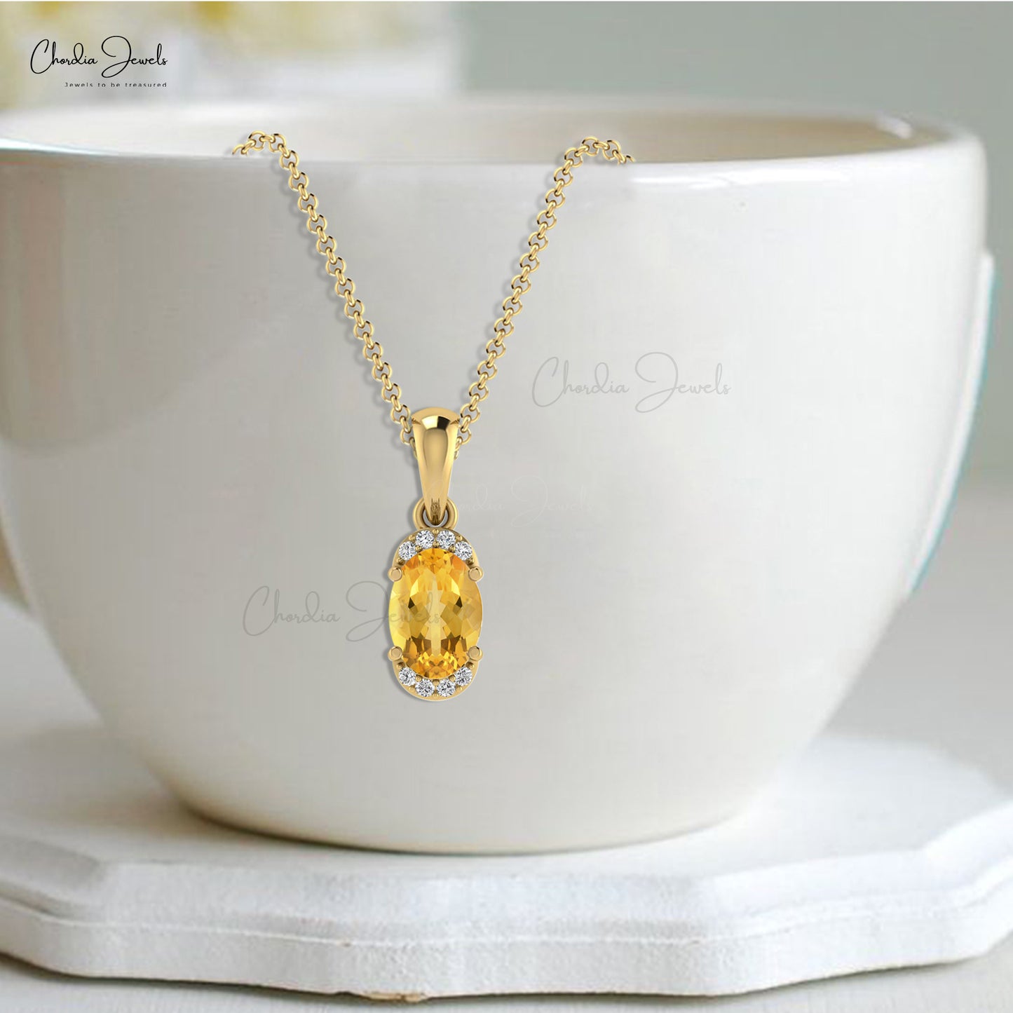 Half Halo Minimalist Pendant In 14k Solid Gold Citrine 7x5mm Gemstone Diamond Pendant