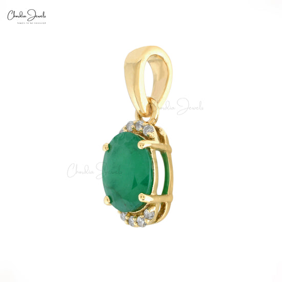 Half Halo Diamond 14k Yellow Gold Pendant Genuine Emerald Gemstone Light Weight Pendant