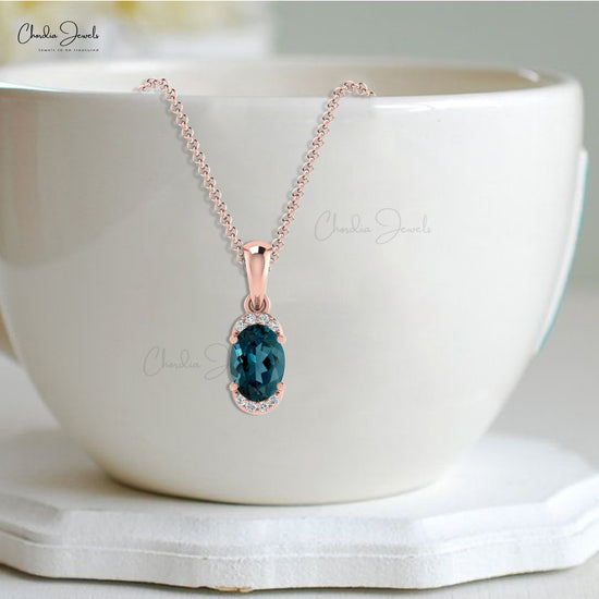 Dainty Diamond Half Halo Pendant With 0.47 Ct London Blue Topaz 14k Solid Gold Unique Pendant