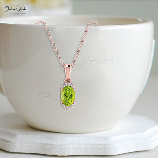 AAA Peridot 7x5mm Gemstone And Diamond Half Halo Pendant In 14k Real Gold Fine Jewelry