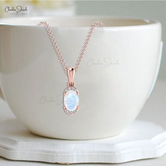 Half Halo Wedding Pendant In 14k Real Gold Moonstone 7x5mm Gemstone Diamond Pendant