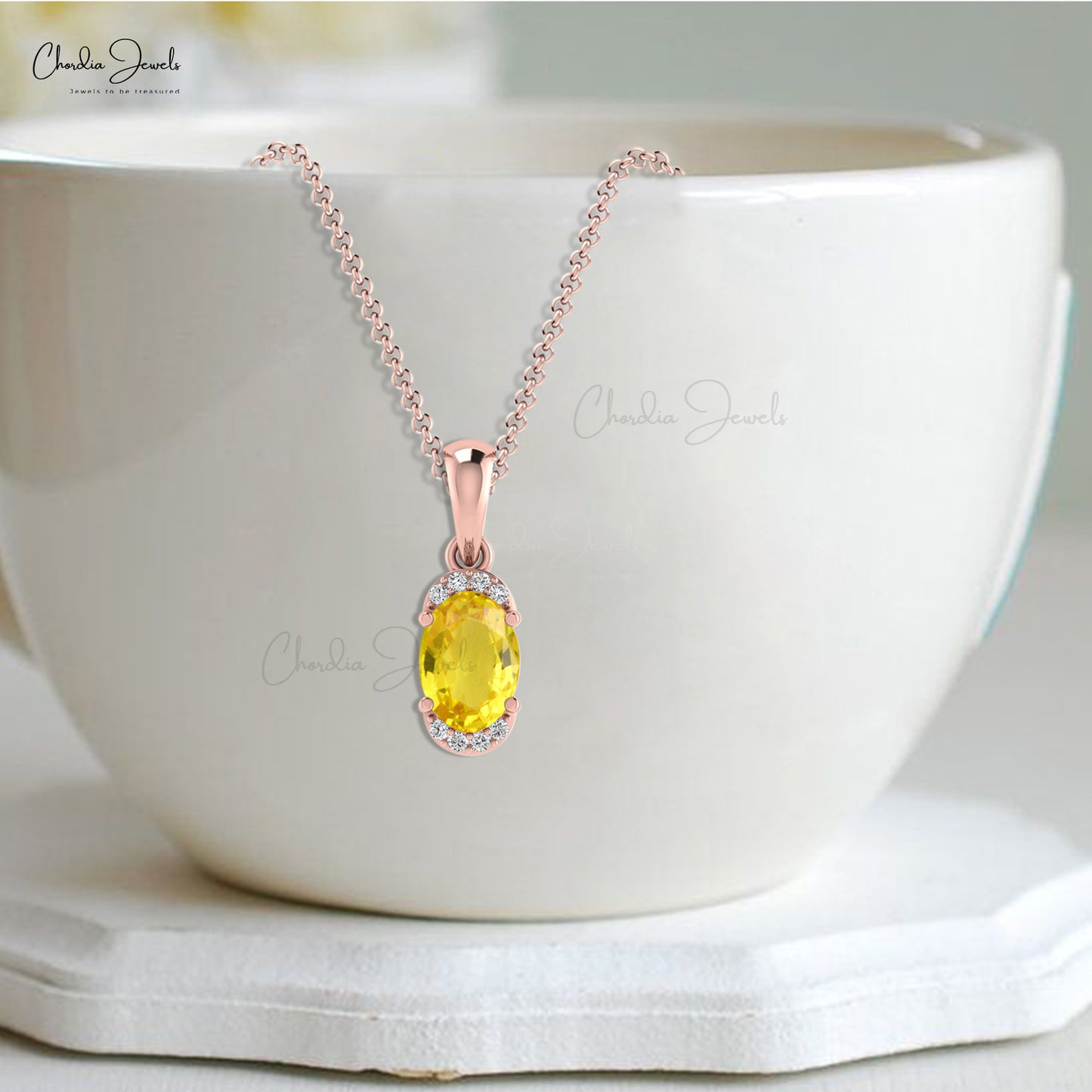 Dangle Gemstone Pendant In 14k Solid Gold Yellow Sapphire And Pave Diamond Half Halo Necklace