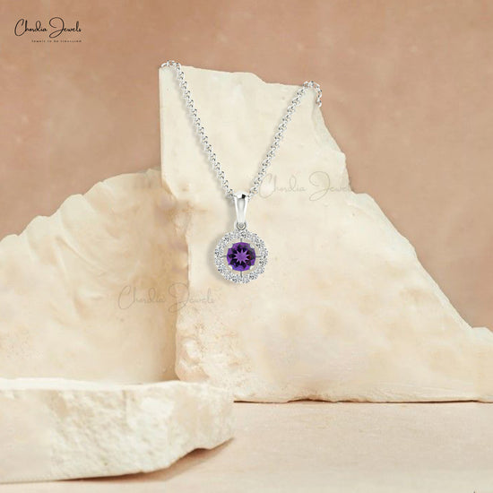 Brilliant Cut Halo Pendant in 14k Real Gold With 4mm Amethyst Gemstone Diamond Necklace