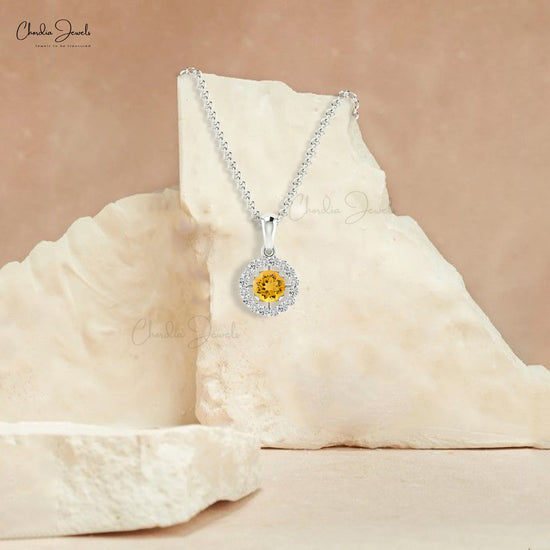 Brilliant Cut Gemstone Halo Pendant in 14k Solid Gold Citrine And Diamond Dangle Necklace