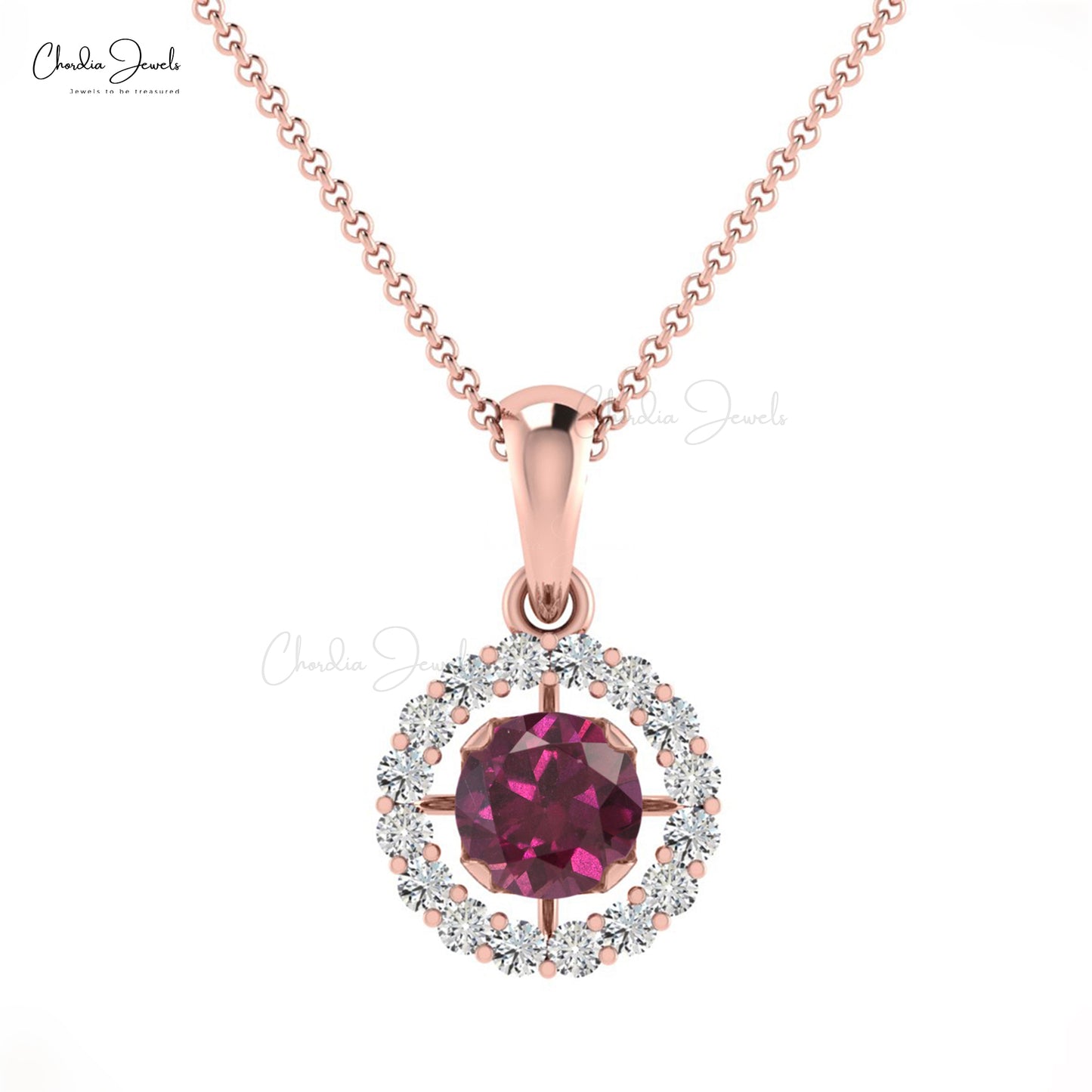 Halo Dual Birthstone Pendant With 4mm Rhodolite Garnet And Diamond 14k Gold Pendant