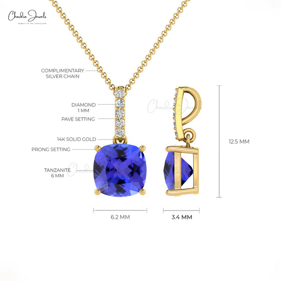 Beautiful Stylish Natural Blue Tanzanite Dangling Pendant Necklace For Women Round Cut White Diamond Pendant 14k Pure Gold Fine Jewelry For Gift