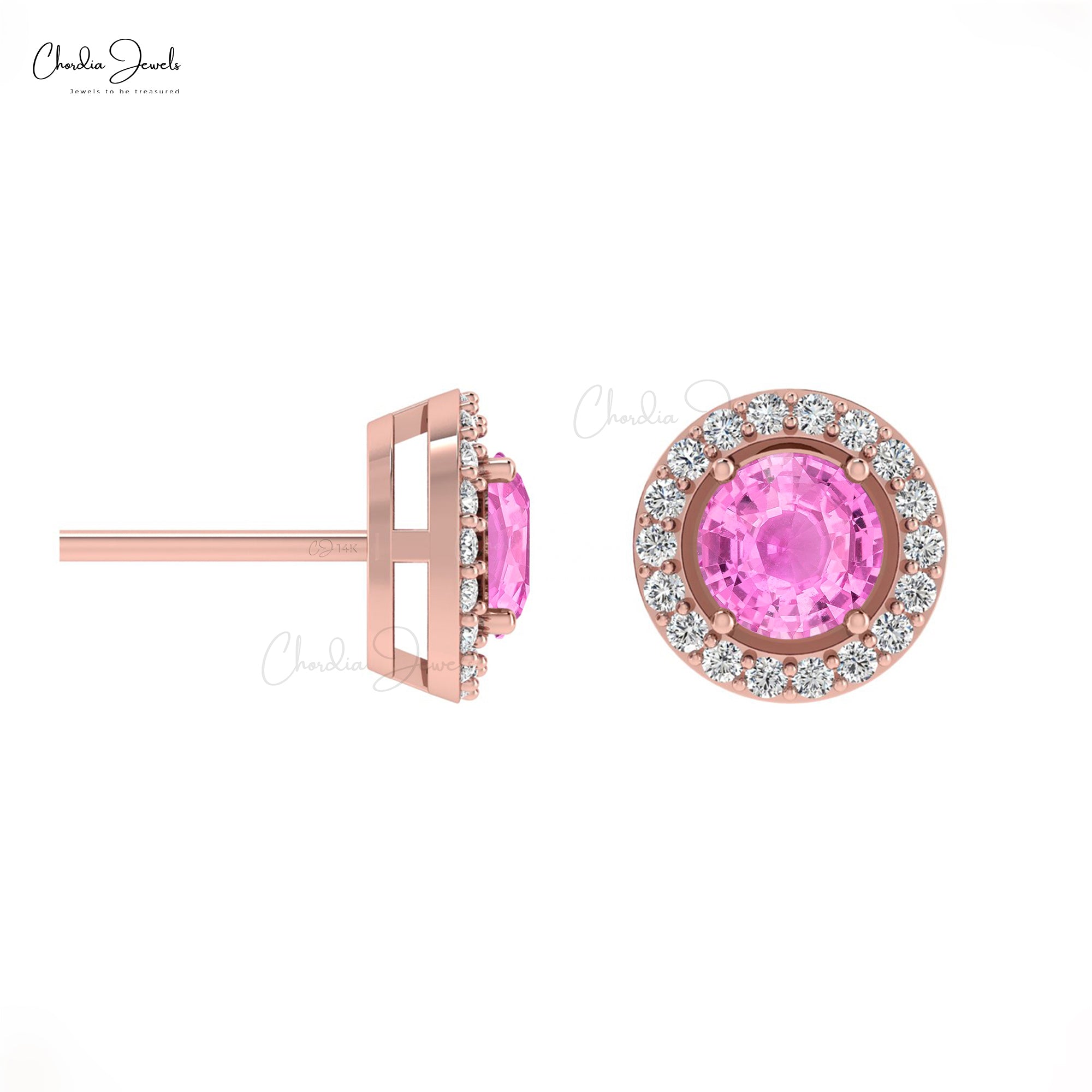 Natural Pink Sapphire Halo Earrings 14k Real Gold Diamond Prong Set Studs  4mm Round Cut Gemstone Vintage Fine Jewelry For Her