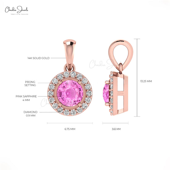 Solid 14k Gold Halo Pendant In 0.23 Ct Pink Sapphire And Diamond Minimal Necklace For Her