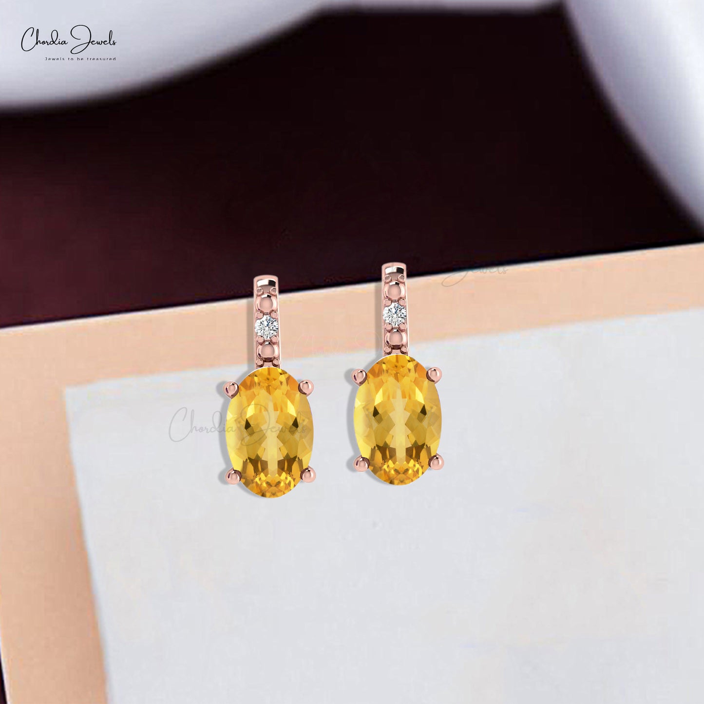 Diamond Accents Studs With 1.2 CT Citrine Gemstone Push Back Earrings In 14k Real Gold For Mom