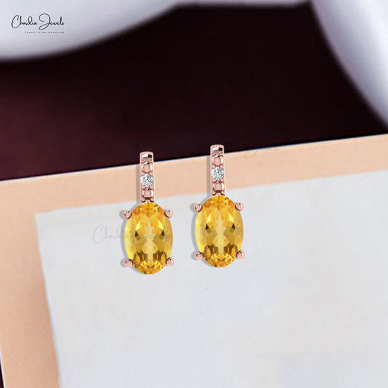 Diamond Accents Studs With 1.2 CT Citrine Gemstone Push Back Earrings In 14k Real Gold For Mom