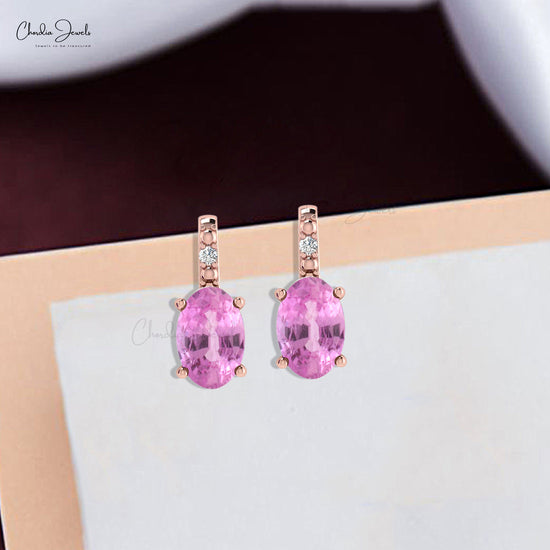 Delicate 6x4mm Pink Sapphire And Diamond Accented Earrings In 14k Solid Gold For Birthday