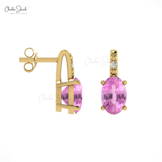 Delicate 6x4mm Pink Sapphire And Diamond Accented Earrings In 14k Solid Gold For Birthday