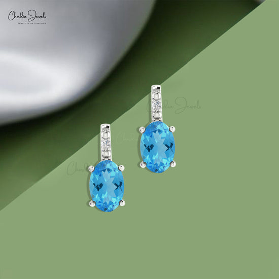 Two Birthstone Stud in 14k Solid Gold Swiss Blue Topaz Diamond Unique Earrings