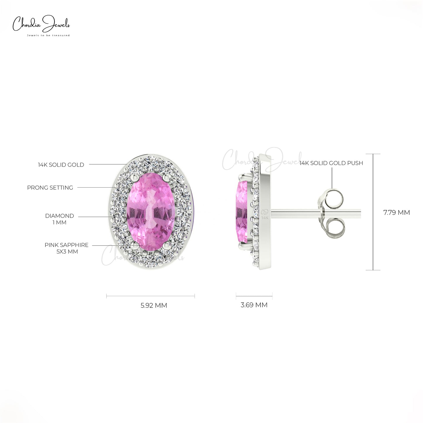 Genuine 0.5 CT Oval Pink Sapphire And Diamond Halo Earrings In 14k Solid Gold For Women