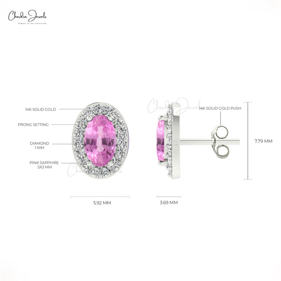 Genuine 0.5 CT Oval Pink Sapphire And Diamond Halo Earrings In 14k Solid Gold For Women