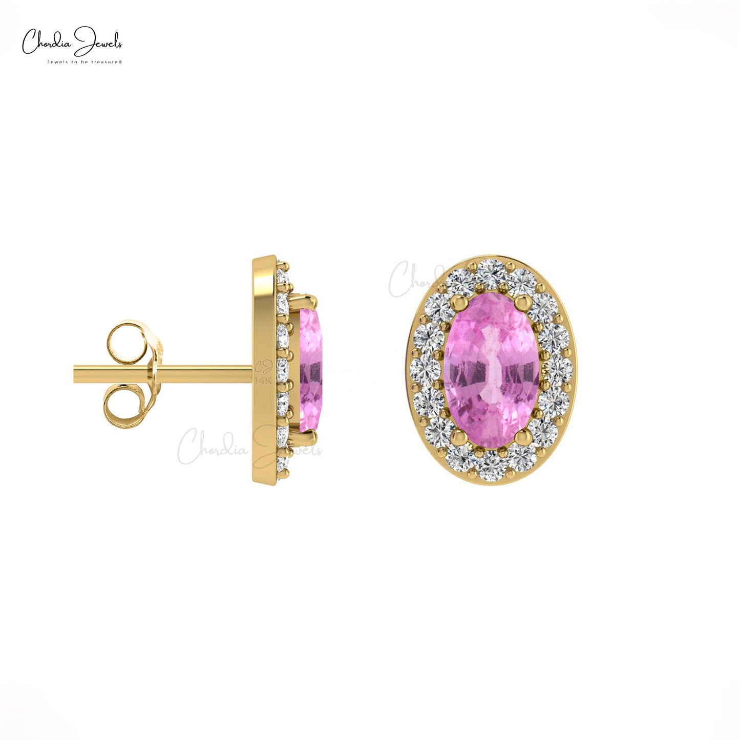 Genuine 0.5 CT Oval Pink Sapphire And Diamond Halo Earrings In 14k Solid Gold For Women