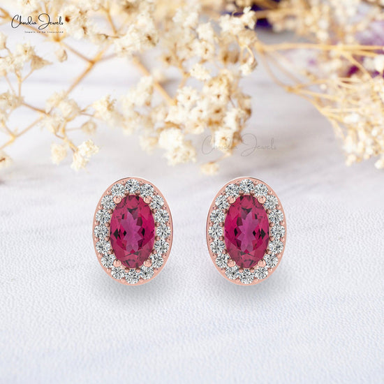 Solid 14k Gold Halo Diamond Stud With Oval Cut 7x5mm Pink Tourmaline Earrings For Women