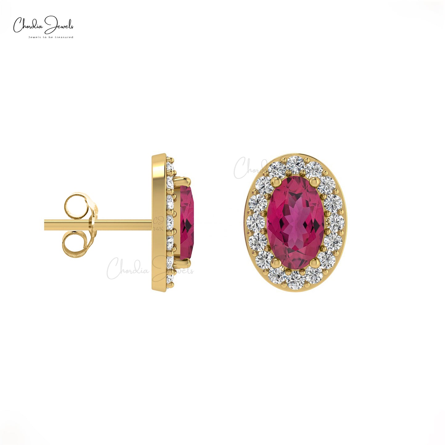 Solid 14k Gold Halo Diamond Stud With Oval Cut 7x5mm Pink Tourmaline Earrings For Women