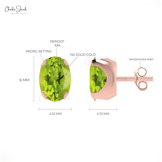 Delicate Peridot Stud Earrings 6x4mm Oval Cut Solitaire Earrings 14k Real Gold August Studs For Women