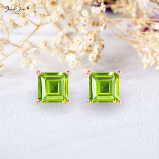 14k Solid Gold Gemstone Earrings Natural Peridot 4mm Square Cut Stud Earrrings