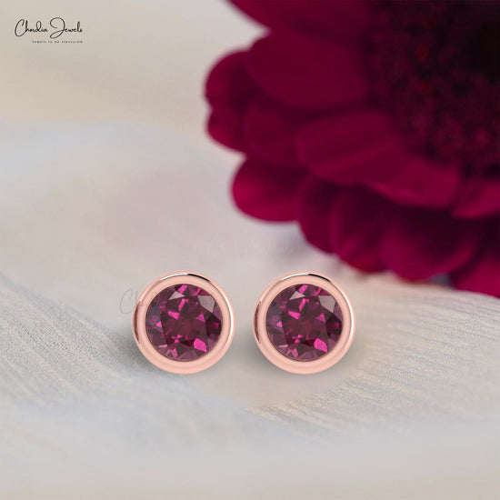 Solitaire 5mm Rhodolite Garnet Gemstone Dainty Stud Earrings in 14k Solid Gold