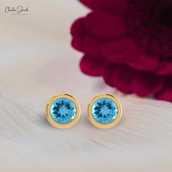 5mm Round Swiss Blue Topaz Solitaire Stud Earrings In 14k Solid Gold