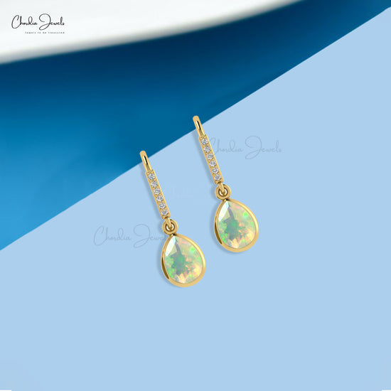 Natural 1.6 CT Fire Opal And Diamond Accents Dangling Earrings In 14k Real Gold Fine Jewelry