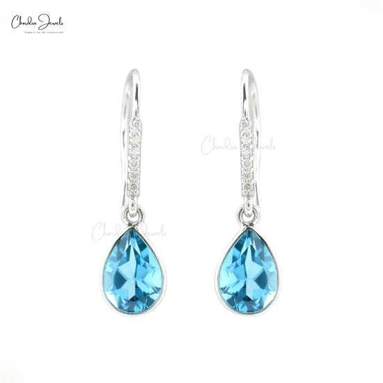 Natural Swiss Blue Topaz Diamond Earrings 14k White Gold Dangle Earrings For Her 8x6mm Pear Cut Gemstone Hallmarked Jewelry